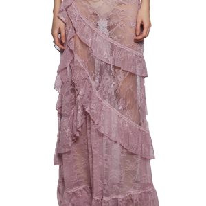 Womens Sheer Floral Lace Maxi Skirt Current Mood - Pink