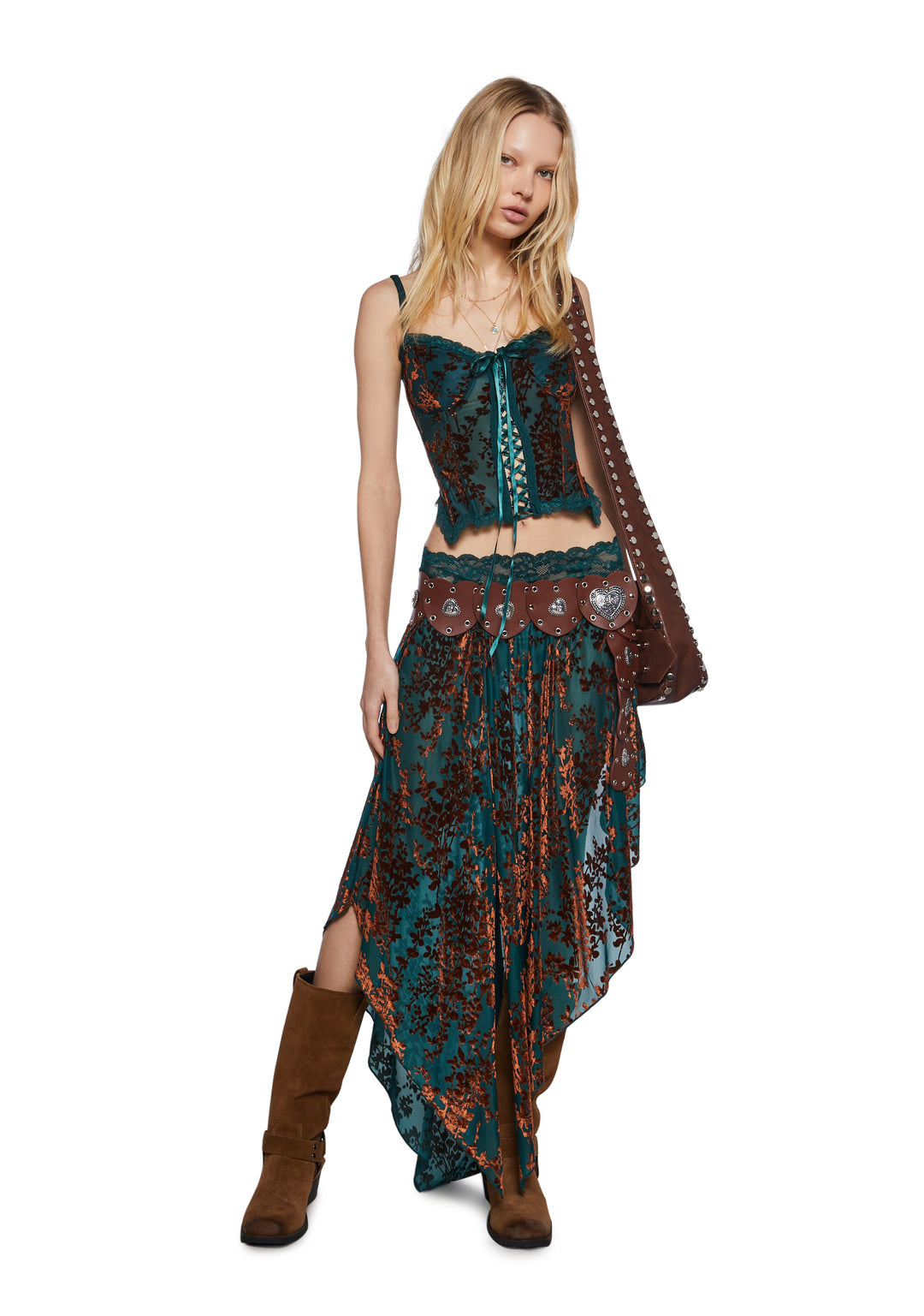 Womens Mesh Flocked Floral Midi Skirt Current Mood - Multi - Image 2