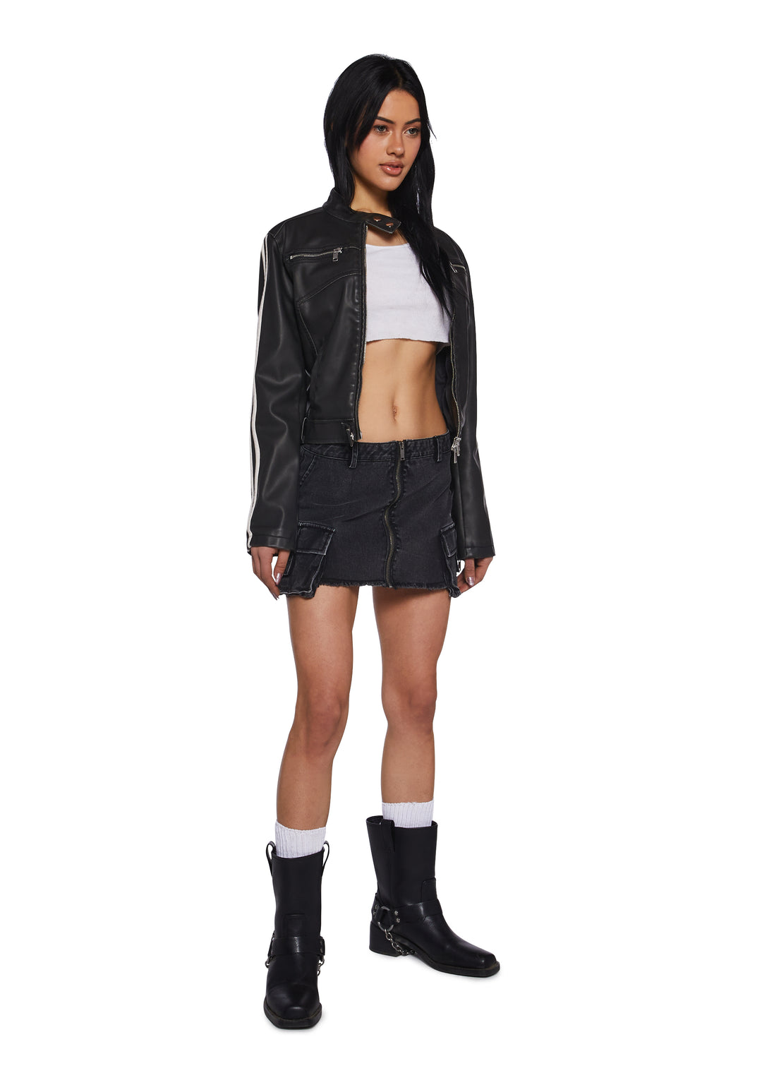 Womens Washed Denim Mini Skirt With Cargo Pockets Current Mood - Black - Image 2