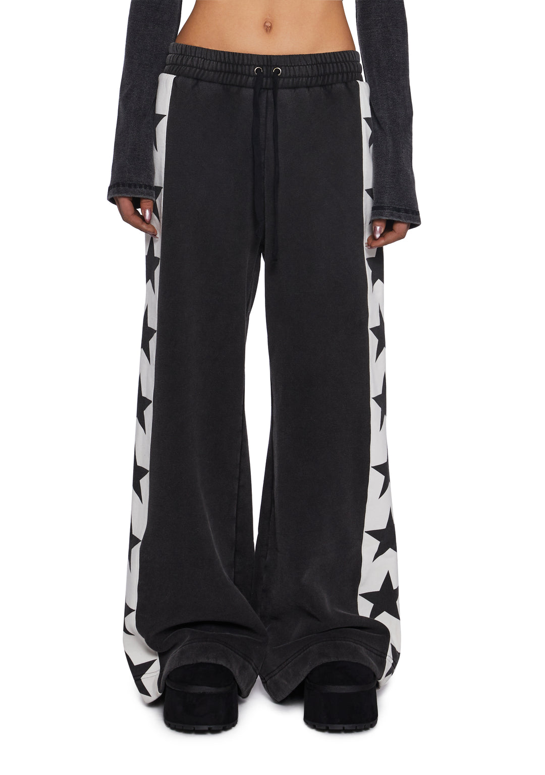 Womens Washed Wide Leg Sweatpants With Stars Current Mood - Black - Image 3