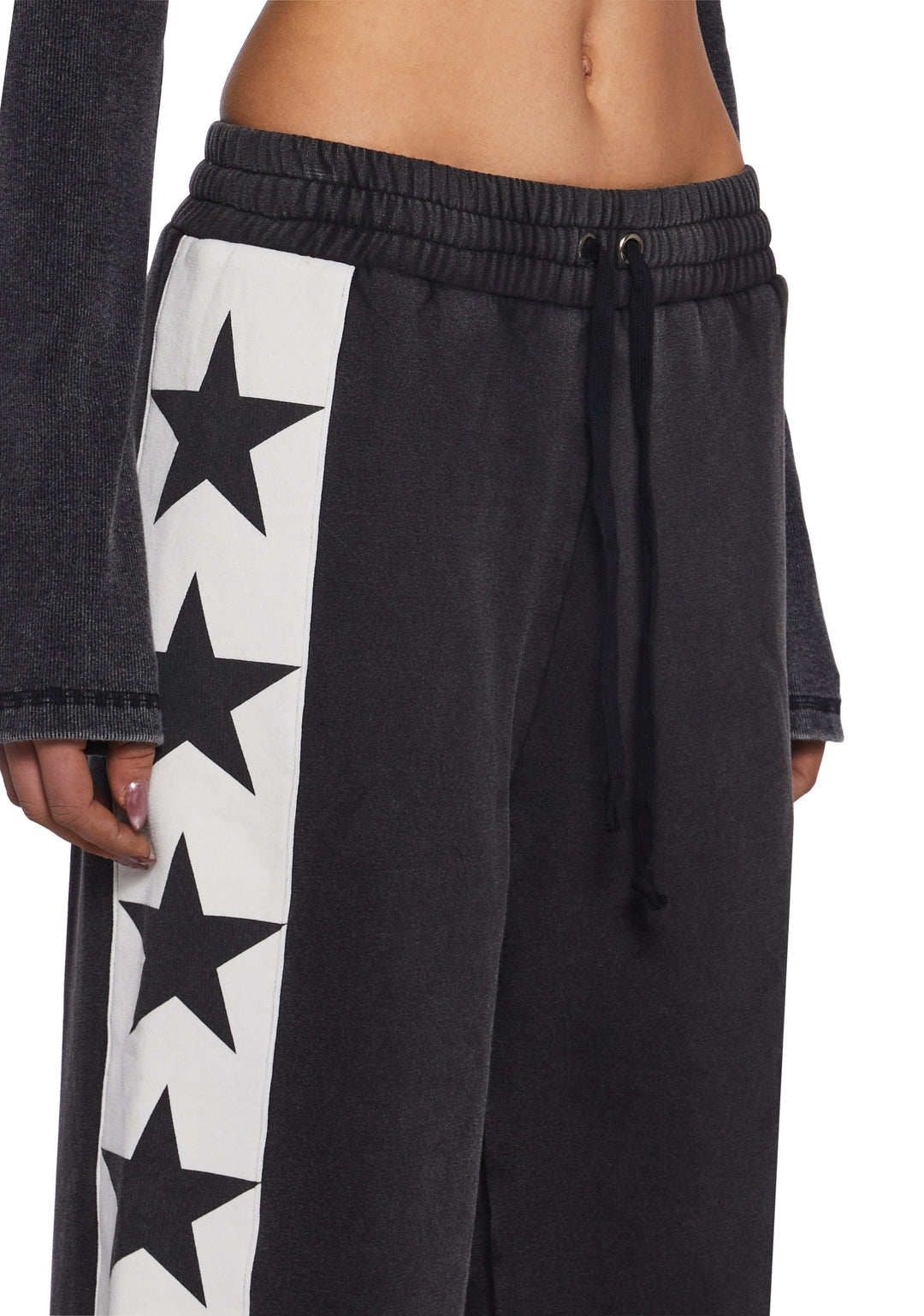 Womens Washed Wide Leg Sweatpants With Stars Current Mood - Black - Image 5