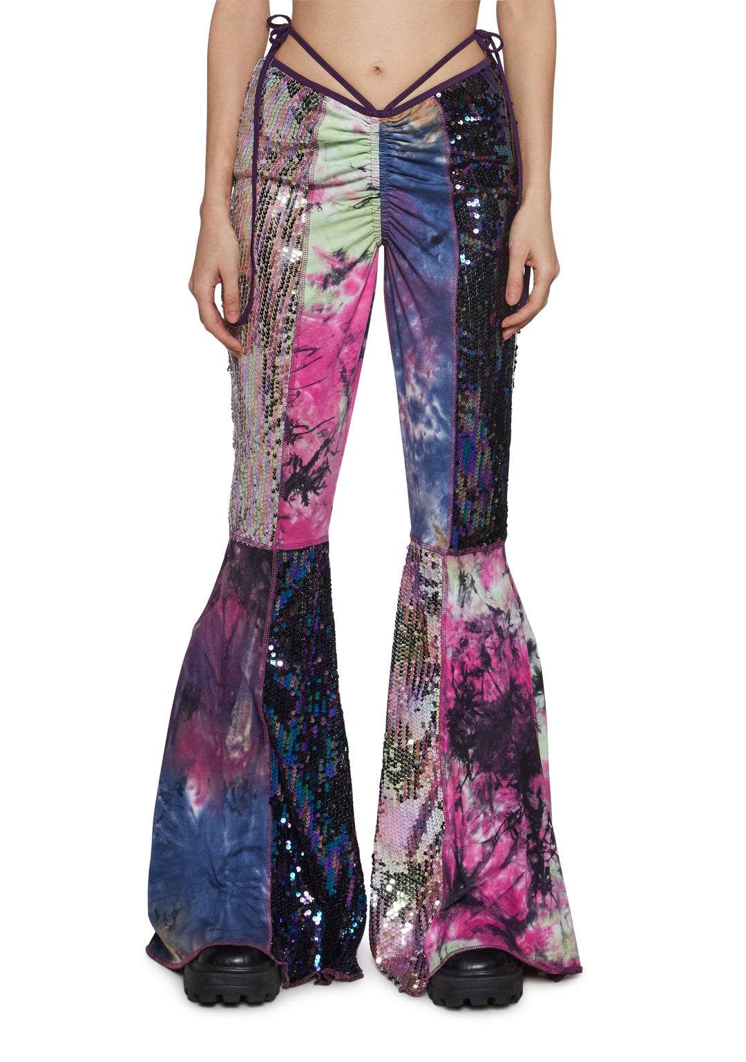Womens Sequin Tie-Dye Patchwork Flare Pants Club Exx - Multi