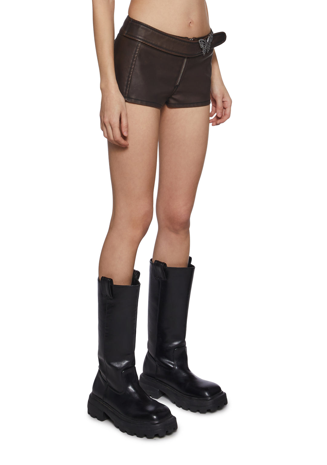 Womens Vegan Leather Distressed Moto Shorts With Butterfly Charm Club Exx - Brown - Image 3
