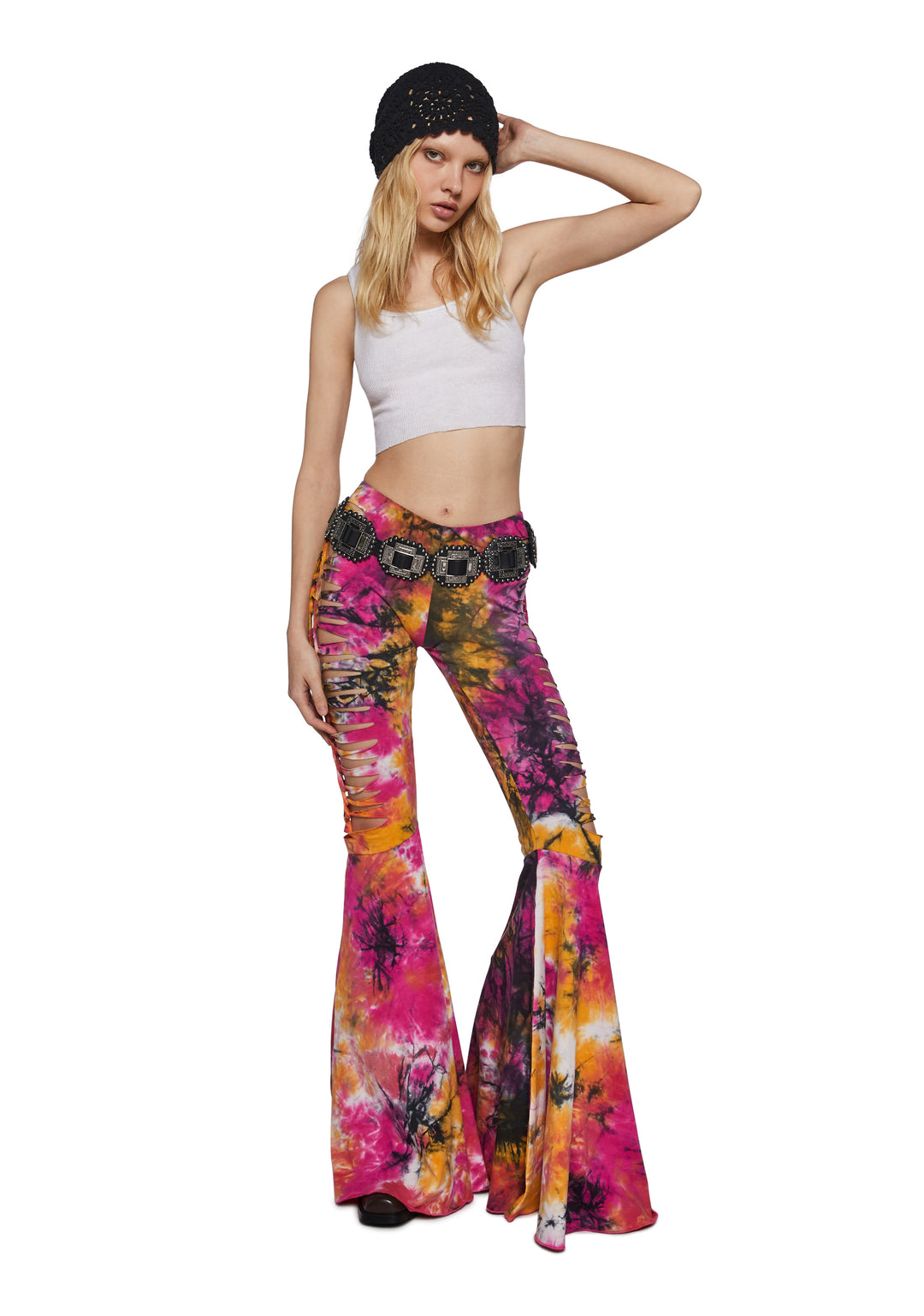 Womens Tie Dye Shredded Yoga Flare Pants Club Exx - Multi - Image 2