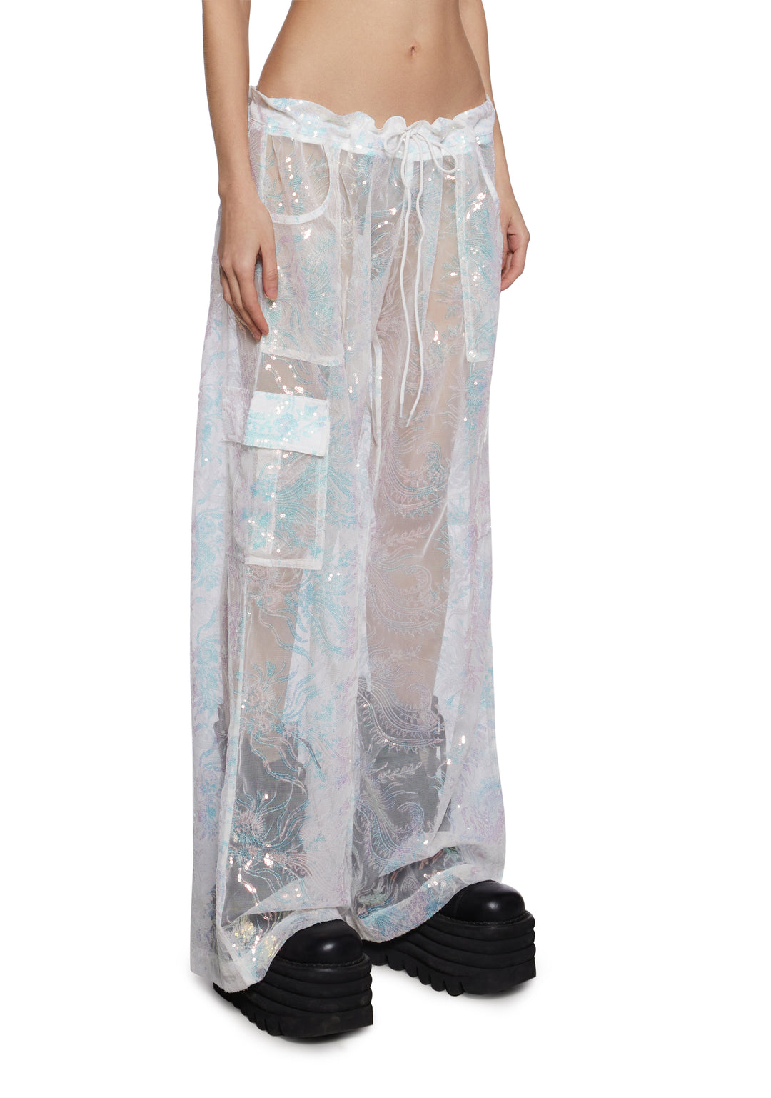 Womens Sheer Sequined Cargo Pants Club Exx - Multi - Image 3
