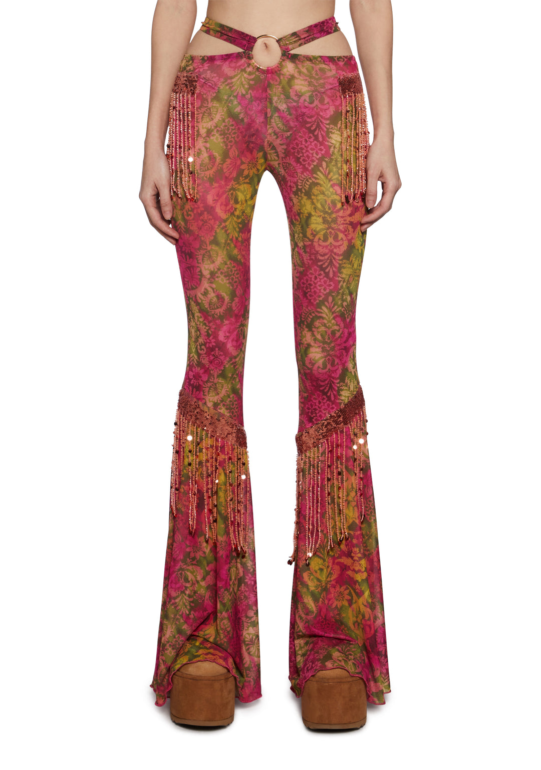 Womens Printed Mesh Flared Pants With Fringe CLub Exx - Multi