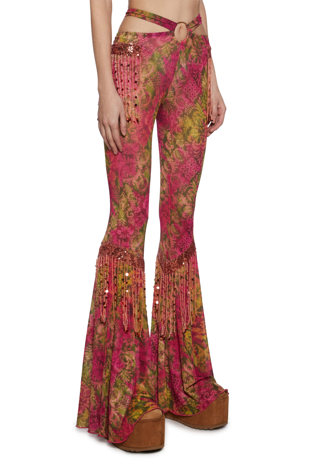 Womens Printed Mesh Flared Pants With Fringe CLub Exx - Multi - Image 3