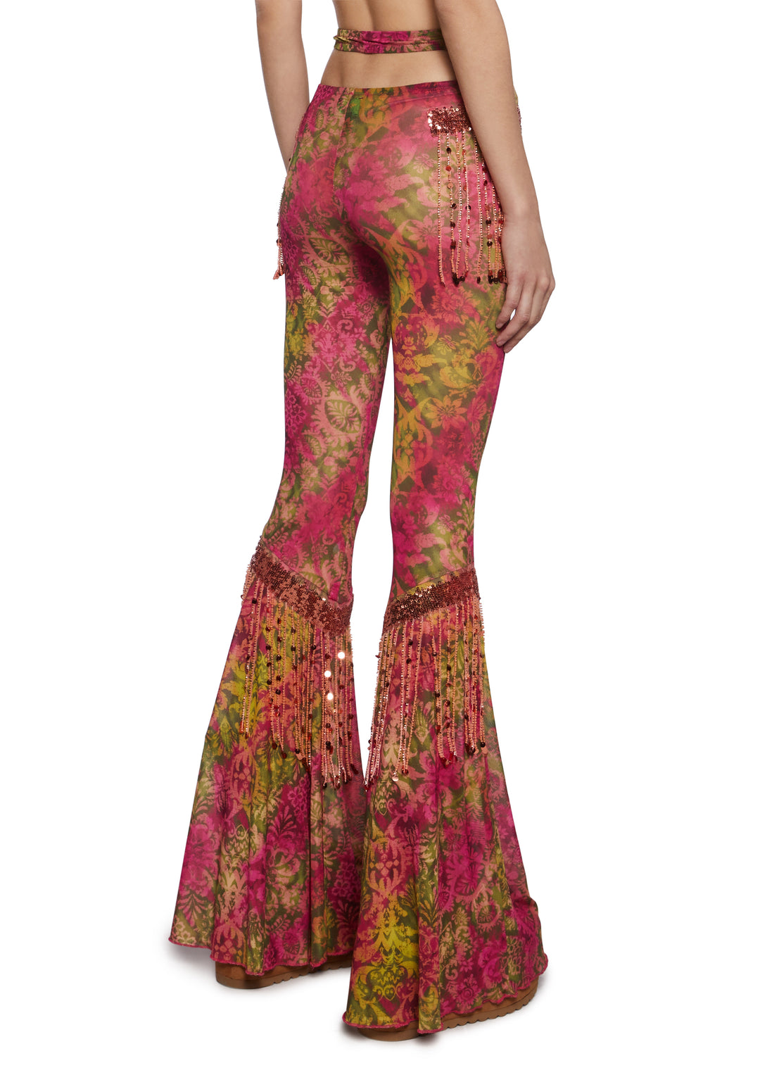 Womens Printed Mesh Flared Pants With Fringe CLub Exx - Multi - Image 4