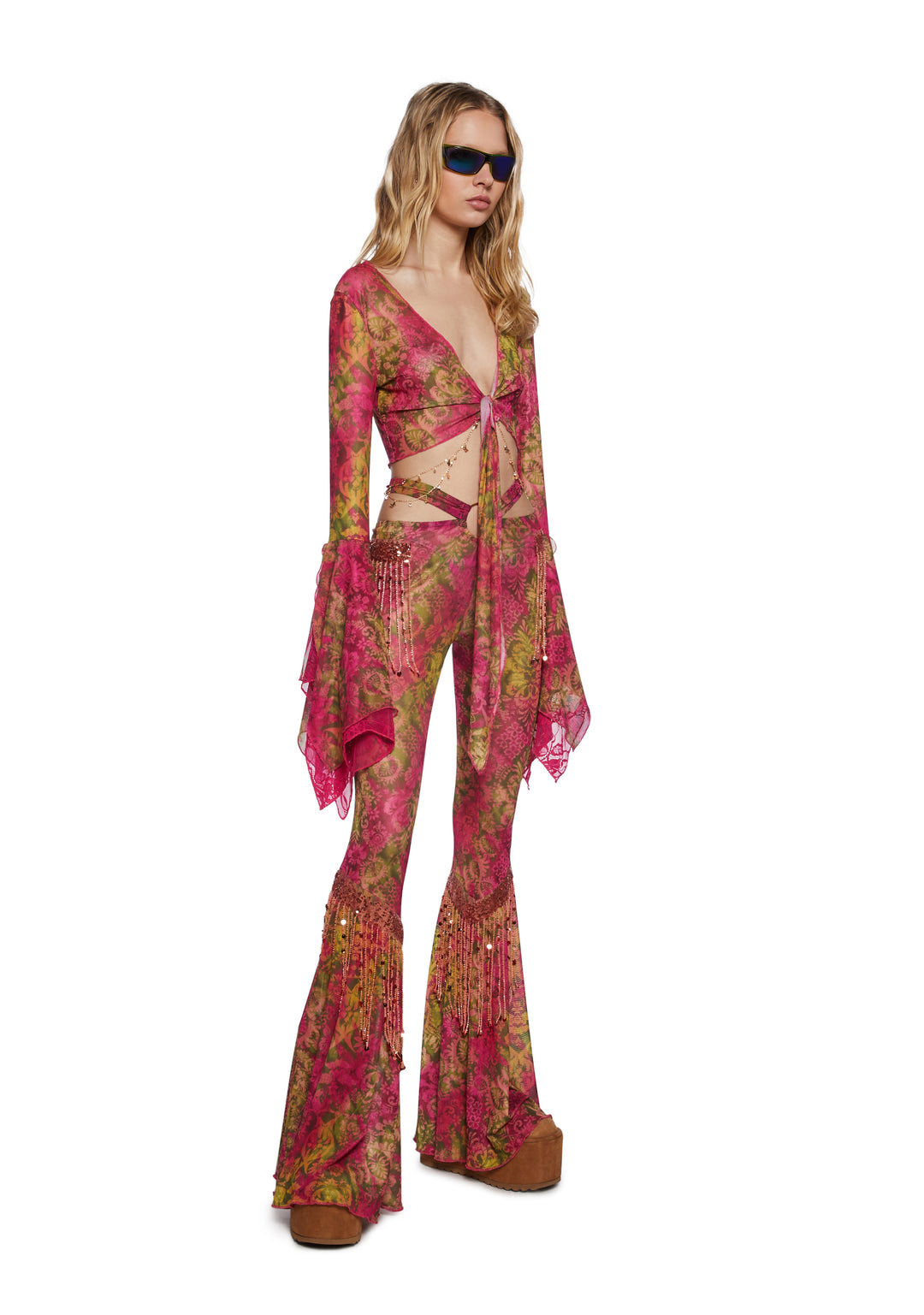 Womens Printed Mesh Flared Pants With Fringe CLub Exx - Multi - Image 2