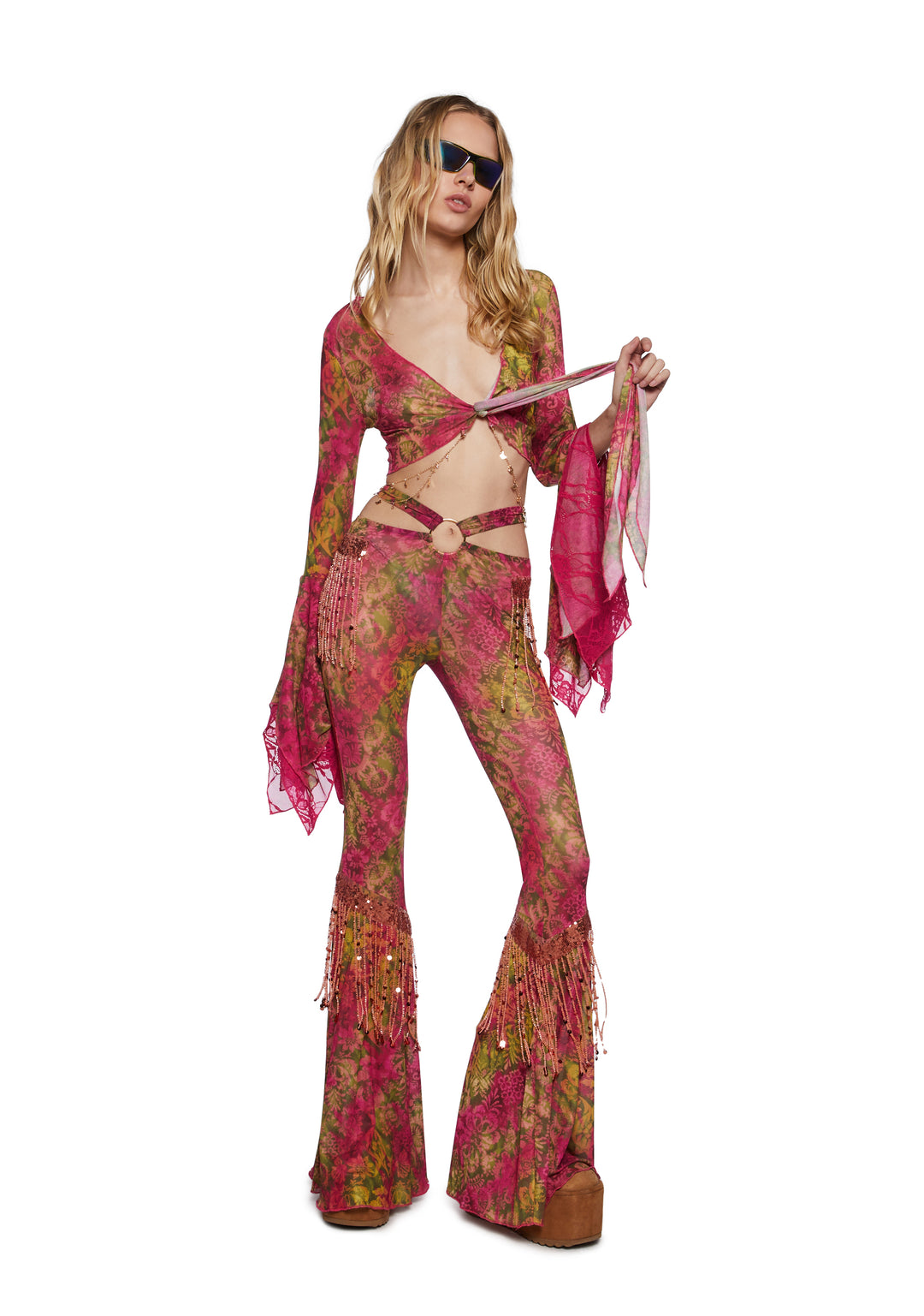 Womens Printed Mesh Flared Pants With Fringe CLub Exx - Multi - Image 6