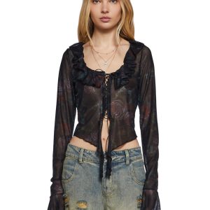 Womens Rose Print Floral Mesh Top Current Mood - Multi
