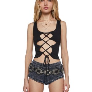 Womens Crop Tank With Lace Ups Club Exx - Black
