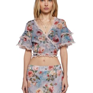 Womens Floral Rose Print Chiffon Cropped Blouse Current Mood - Multi