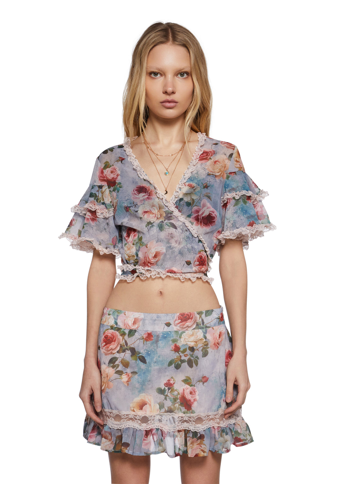 Womens Floral Rose Print Chiffon Cropped Blouse Current Mood - Multi