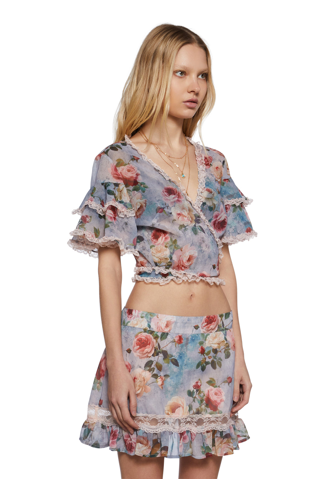 Womens Floral Rose Print Chiffon Cropped Blouse Current Mood - Multi - Image 3
