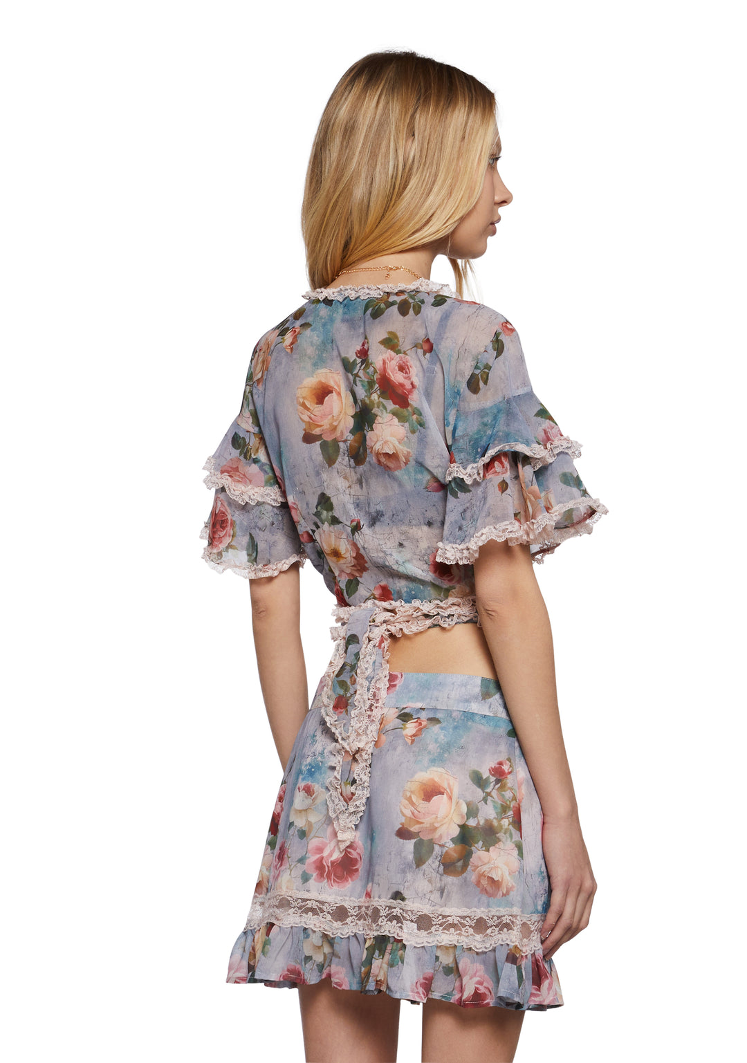 Womens Floral Rose Print Chiffon Cropped Blouse Current Mood - Multi - Image 4