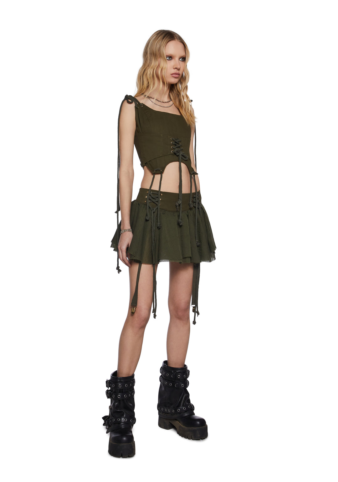 Womens Lace Up Rope Corset Top Darker Wavs - Green - Image 2