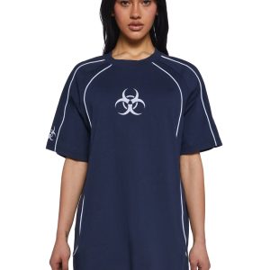 Womens Oversized Cotton Tee With Hazard Symbol Graphics Current Mood - Blue