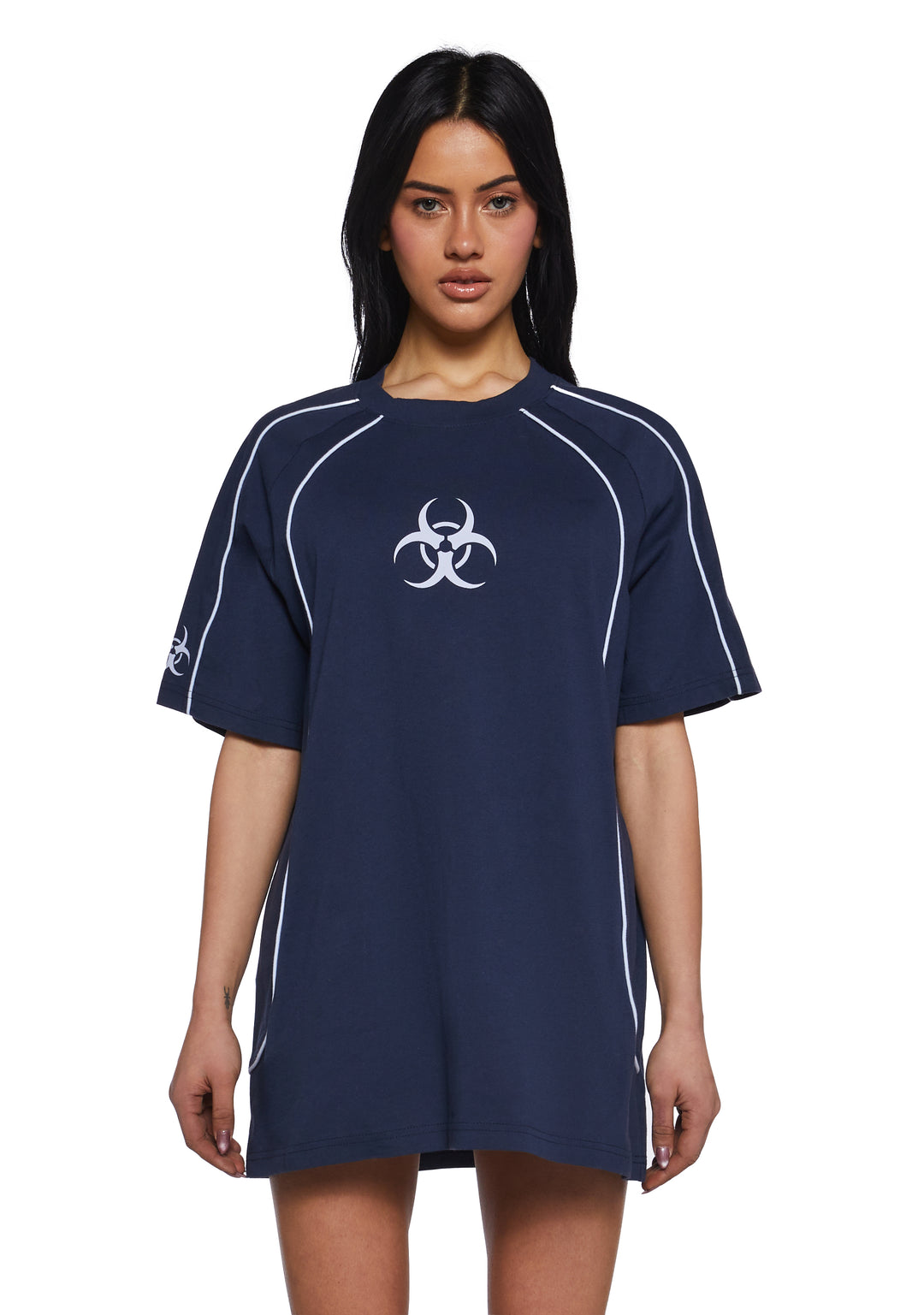 Womens Oversized Cotton Tee With Hazard Symbol Graphics Current Mood - Blue