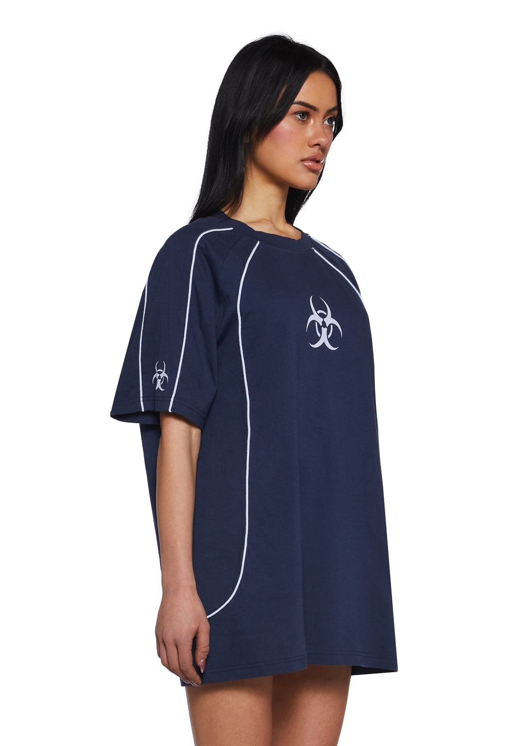 Womens Oversized Cotton Tee With Hazard Symbol Graphics Current Mood - Blue - Image 3