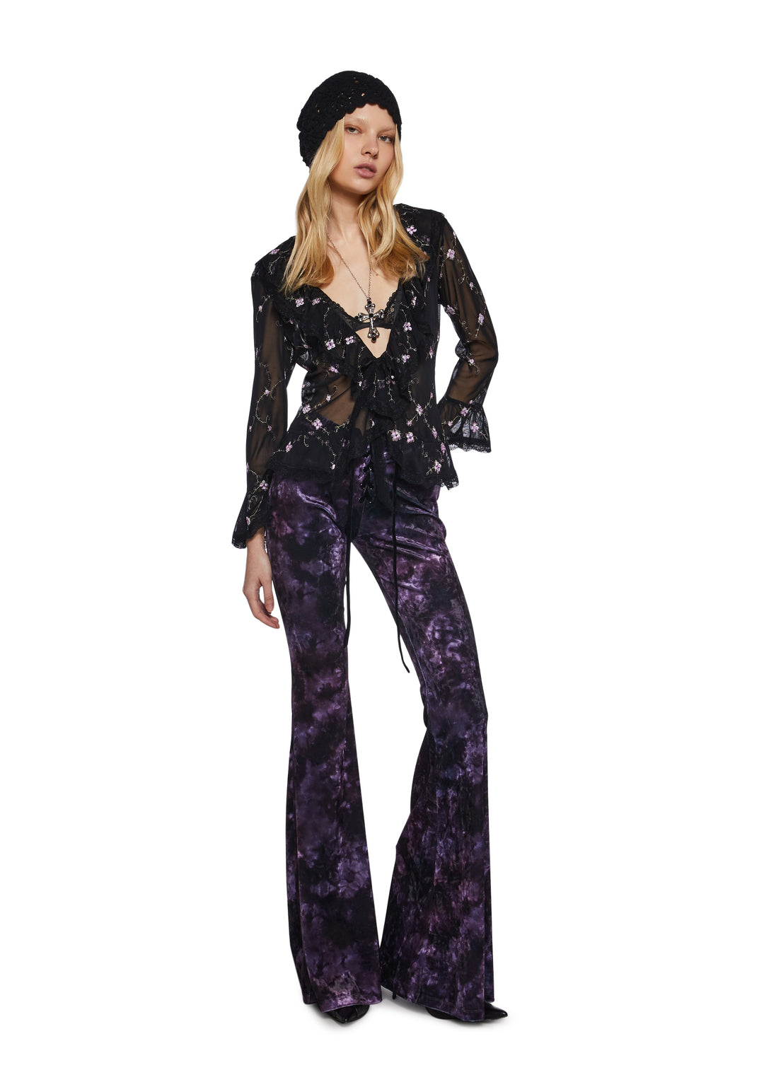 Womens Sheer Mesh Long Sleeve Top With Embroidery Widow - Black - Image 2