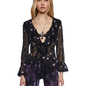 Womens Sheer Mesh Long Sleeve Top With Embroidery Widow - Black