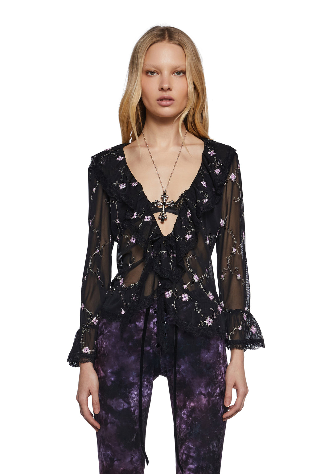 Womens Sheer Mesh Long Sleeve Top With Embroidery Widow - Black