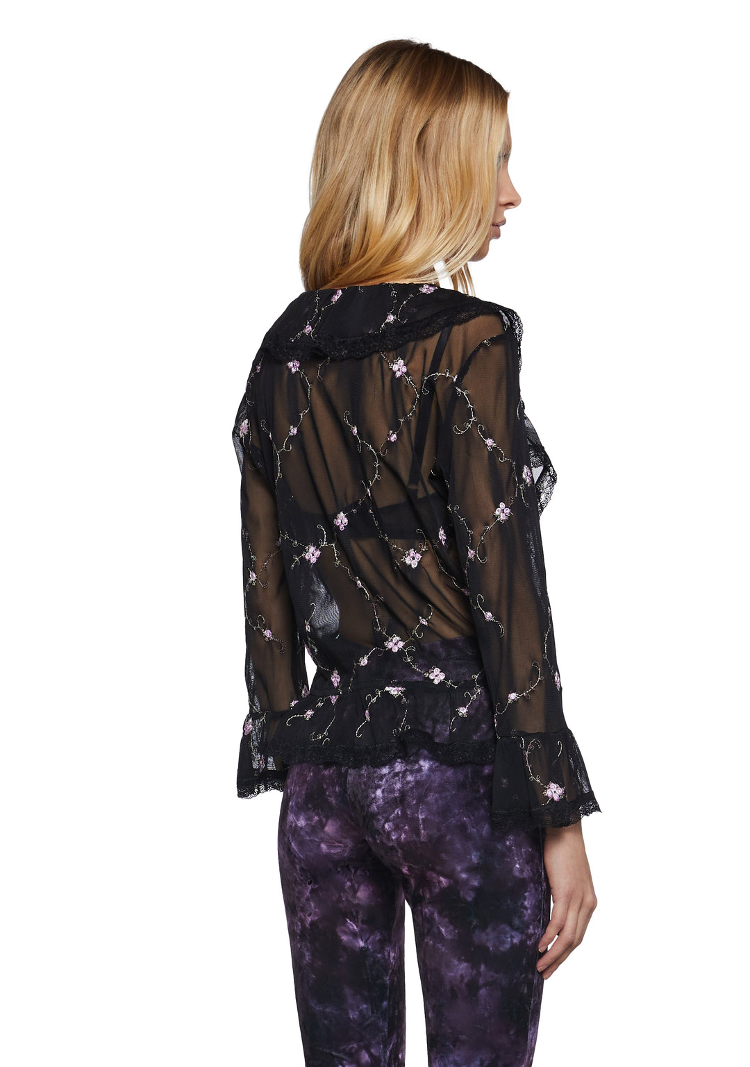 Womens Sheer Mesh Long Sleeve Top With Embroidery Widow - Black - Image 4