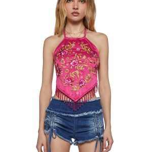Womens Embroidered Halter Top Club Exx - Pink