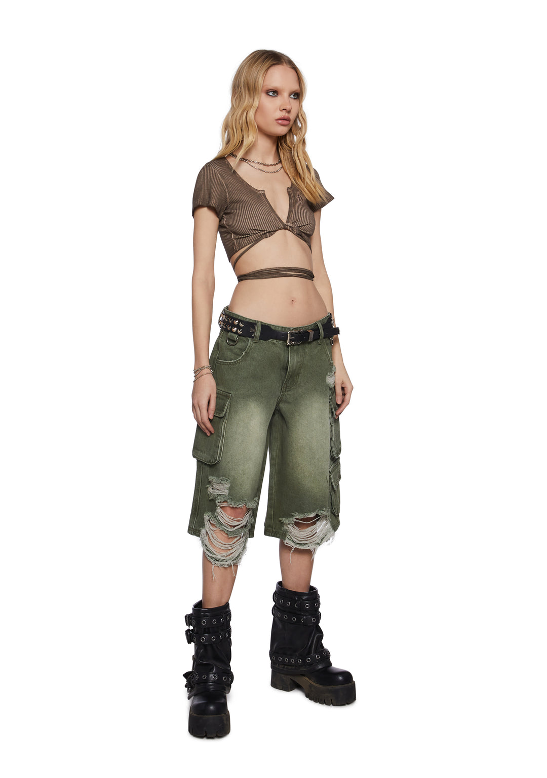 Womens Ribbed Cotton Wrap Crop Top Darker Wavs - Brown - Image 2