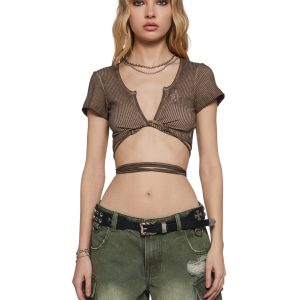 Womens Ribbed Cotton Wrap Crop Top Darker Wavs - Brown