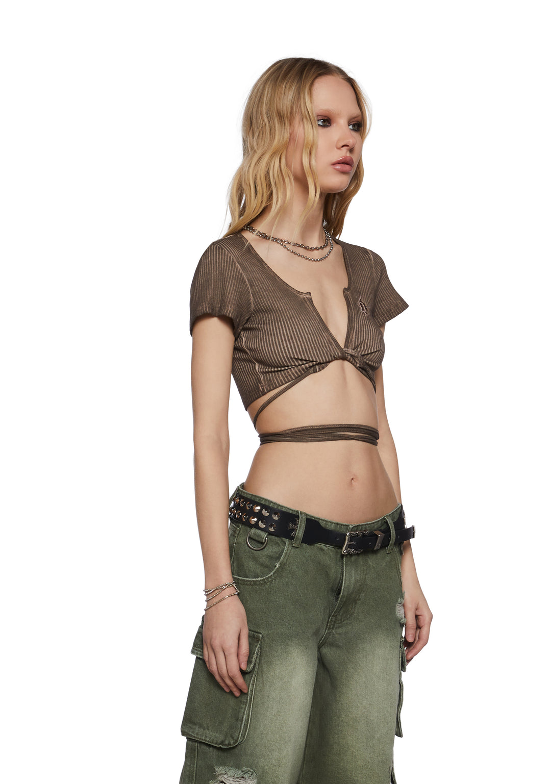 Womens Ribbed Cotton Wrap Crop Top Darker Wavs - Brown - Image 3