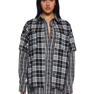 Womens Mixed Plaid Shirt With Short Sleeves Current Mood - Multi