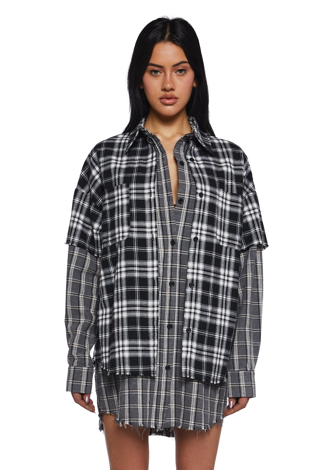 Womens Mixed Plaid Shirt With Short Sleeves Current Mood - Multi