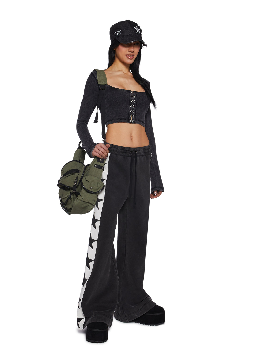 Womens Washed Ribbed Long Sleeve Crop Top Current Mood - Black - Image 2