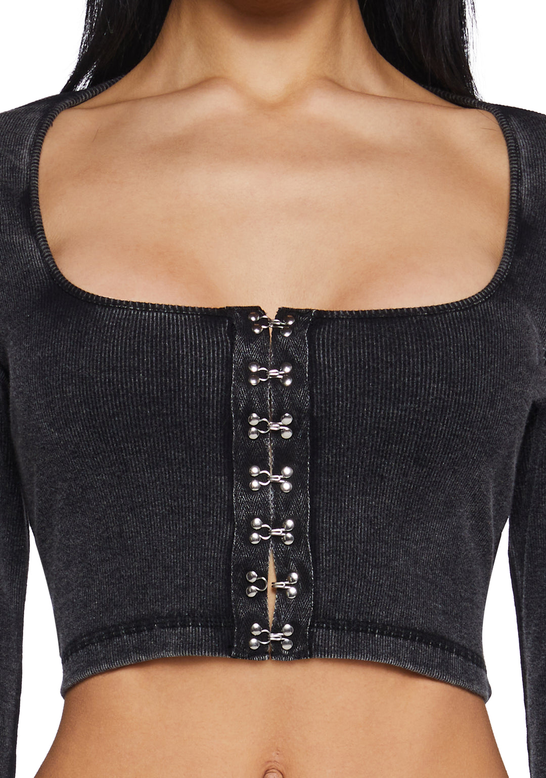 Womens Washed Ribbed Long Sleeve Crop Top Current Mood - Black - Image 5