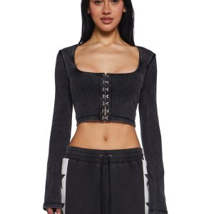 Womens Washed Ribbed Long Sleeve Crop Top Current Mood - Black