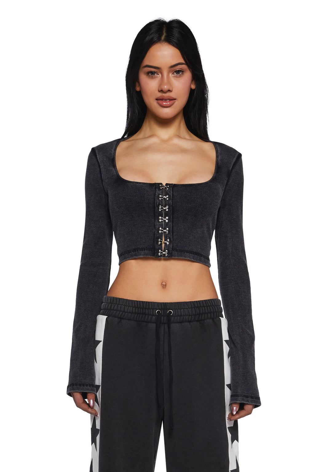 Womens Washed Ribbed Long Sleeve Crop Top Current Mood - Black