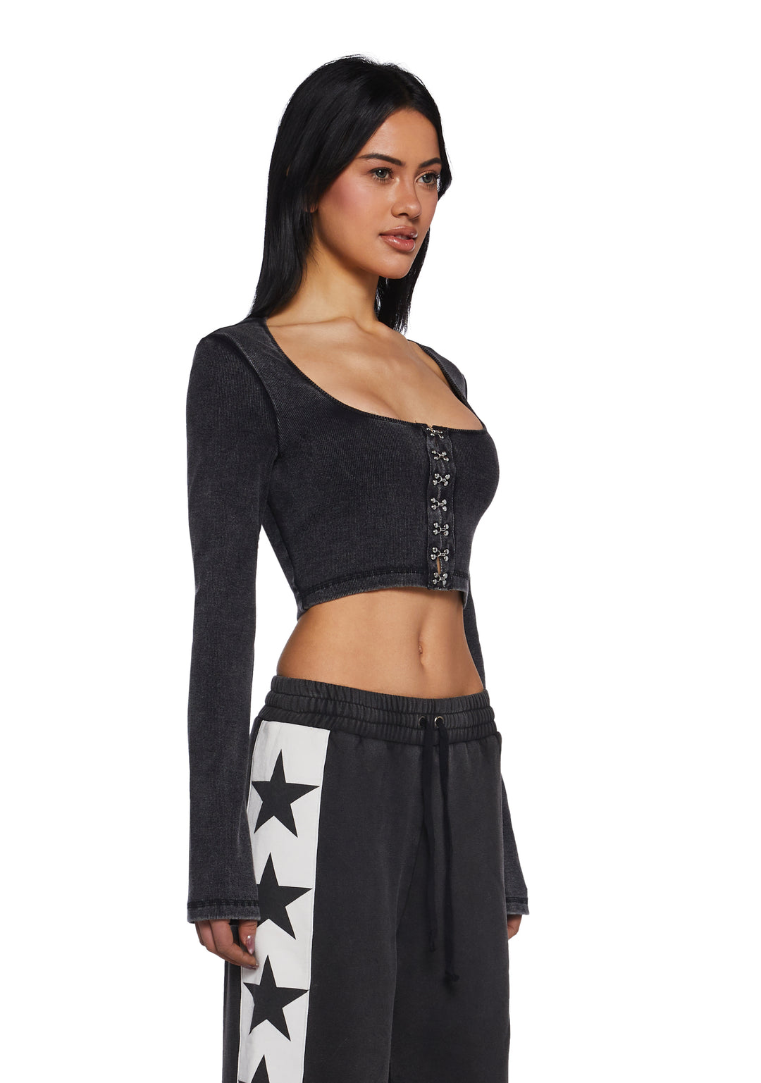 Womens Washed Ribbed Long Sleeve Crop Top Current Mood - Black - Image 3