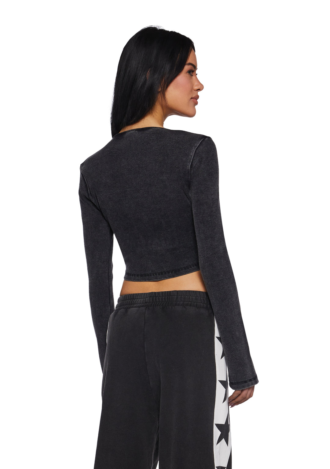 Womens Washed Ribbed Long Sleeve Crop Top Current Mood - Black - Image 4