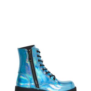 Metallic Holo Combat Boots Raves Current Mood - Blue