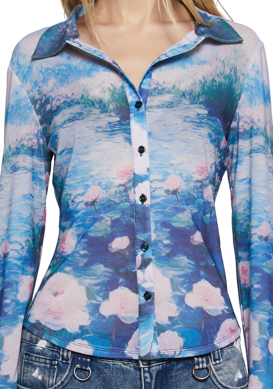 Womens Floral Watercolor Print Long Sleeve Button Up Top Shirt Current Mood - Multi - Image 5