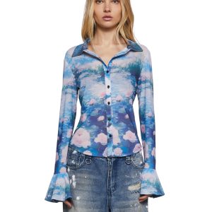Womens Floral Watercolor Print Long Sleeve Button Up Top Shirt Current Mood - Multi