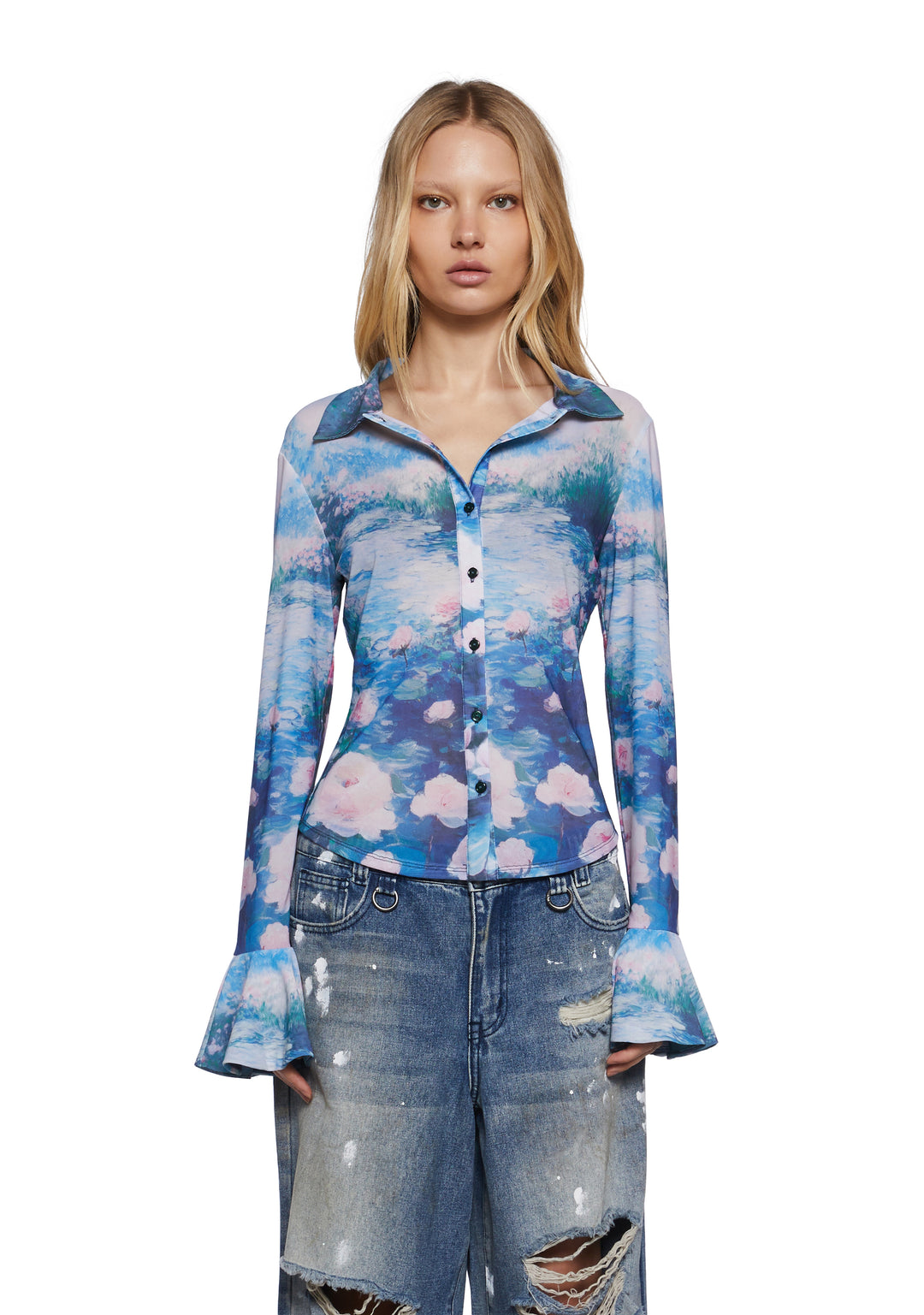Womens Floral Watercolor Print Long Sleeve Button Up Top Shirt Current Mood - Multi