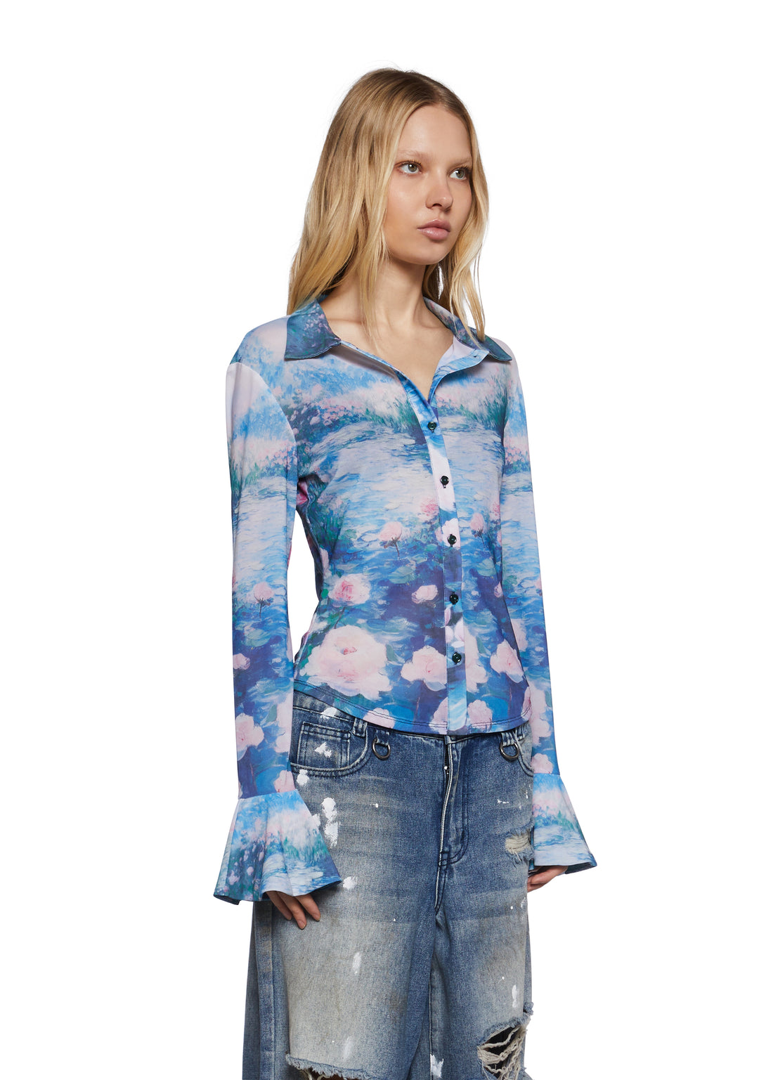 Womens Floral Watercolor Print Long Sleeve Button Up Top Shirt Current Mood - Multi - Image 3