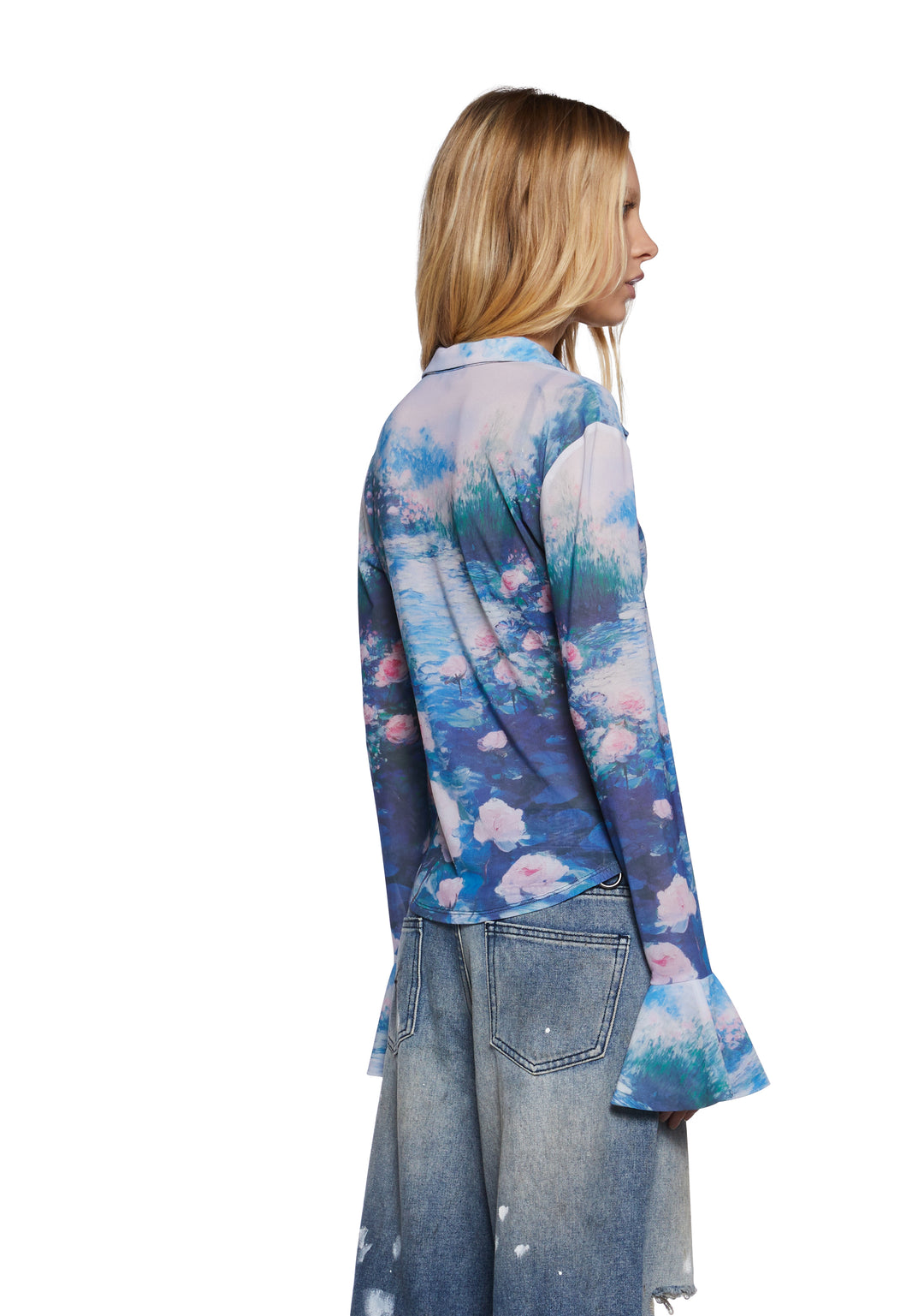 Womens Floral Watercolor Print Long Sleeve Button Up Top Shirt Current Mood - Multi - Image 4