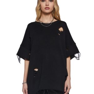 Unisex Oversized Distressed Sweater Shirt Darker Wavs - Black