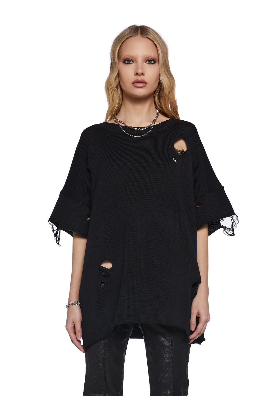 Unisex Oversized Distressed Sweater Shirt Darker Wavs - Black