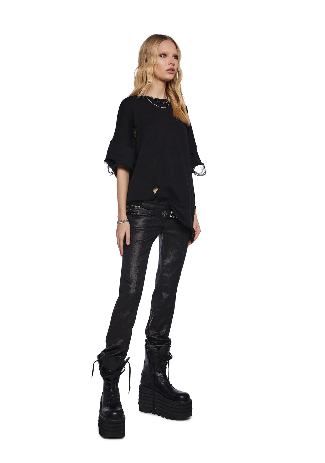 Unisex Oversized Distressed Sweater Shirt Darker Wavs - Black - Image 2