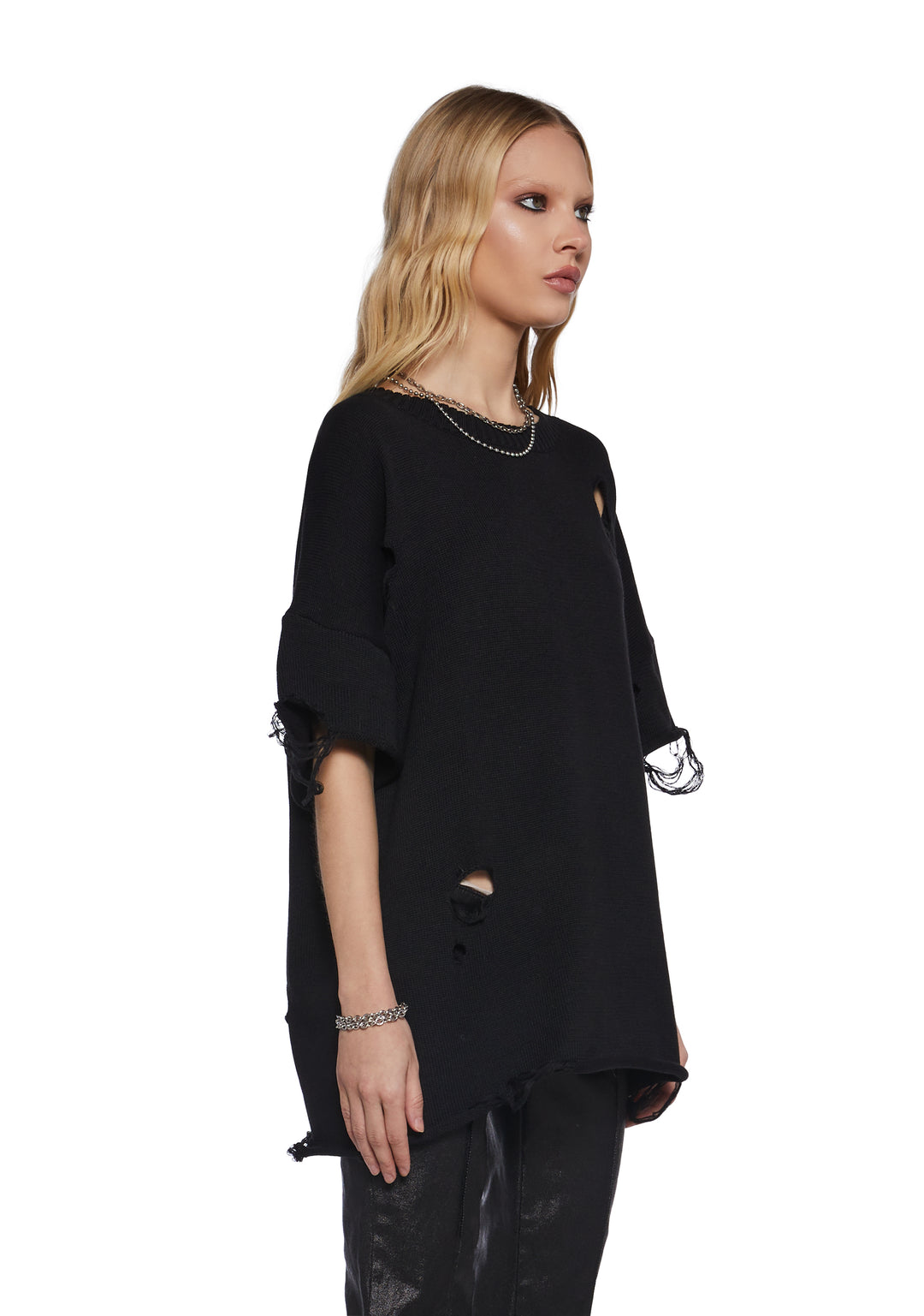 Unisex Oversized Distressed Sweater Shirt Darker Wavs - Black - Image 3